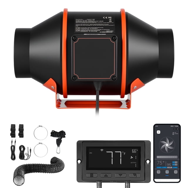 KFFKFF Inline Duct Fan Kit Carbon Filter, 205 CFM 4 inch EC Motor Exhaust Ventilation Fan with 10-Speed, PWM Controller, App Control, Timer