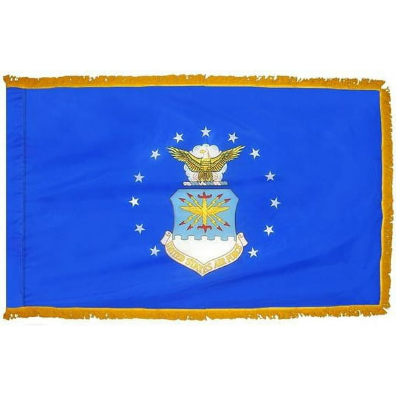 3x5' DURAWAVEZ AIR FORCE NYLON INDOOR FLAG FINISHED WITH POLE SLEEVE AND GOLD FRINGE
