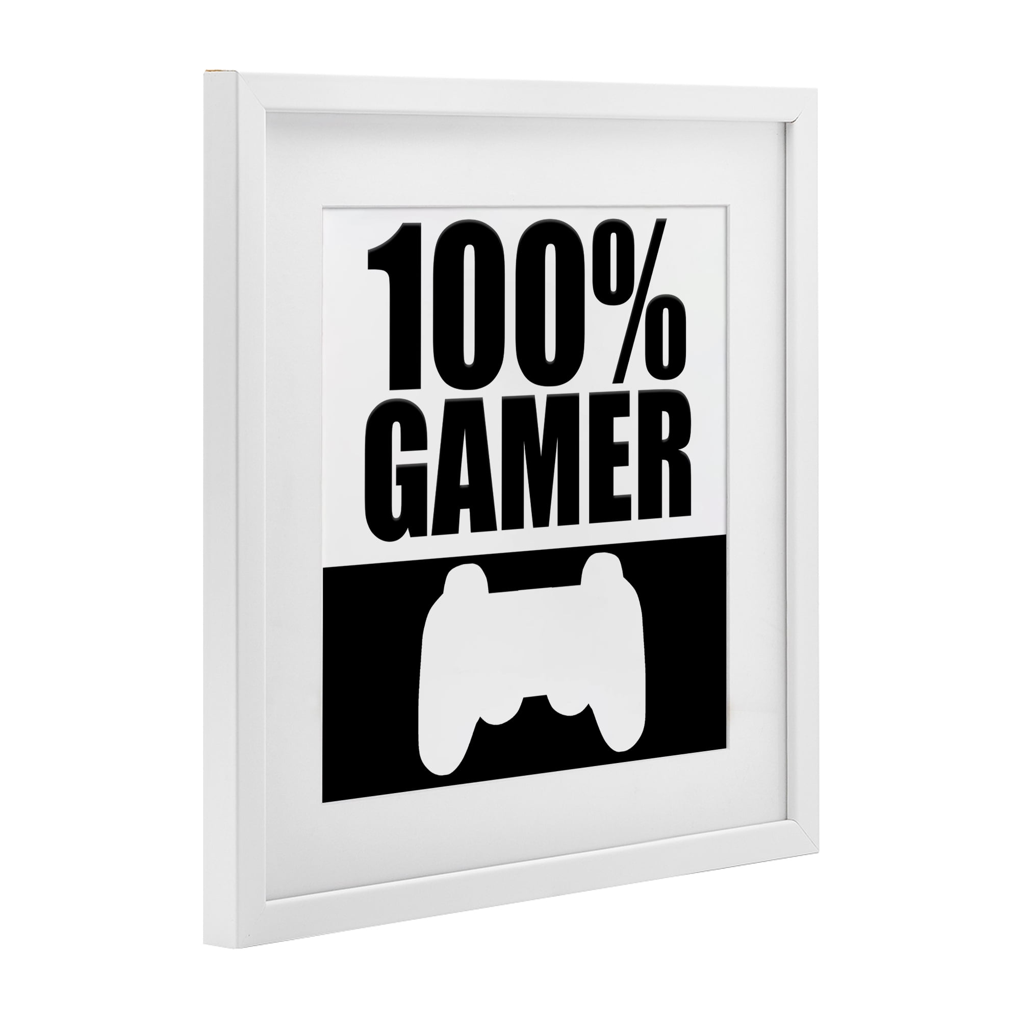 100% Gamer Black & White White Framed Print Under Glass, design by Kim Allen
