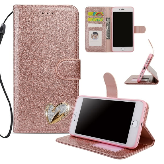 iPhone 8 Plus Case Wallet, iPhone 7 Plus Case, Allytech Glitter Folio Kickstand with Wristlet Lanyard Shiny Sparkle Luxury Bling Card Slots Slim Cover for Apple iPhone 7 8 Plus (Rosrgold)