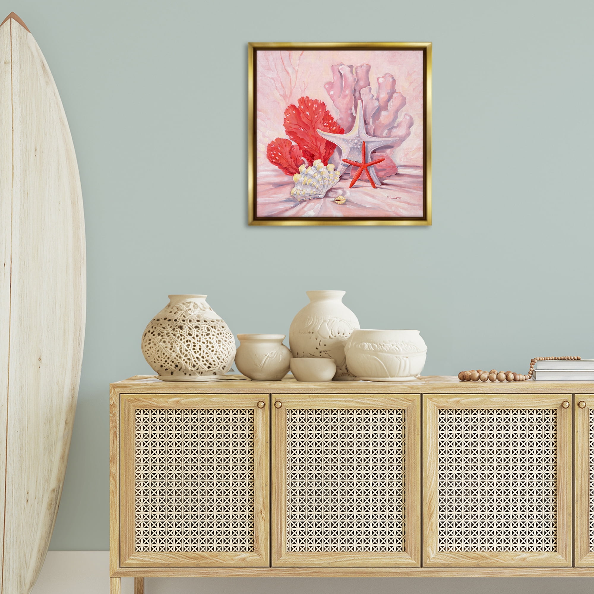 Stupell Industries Pink Gathered Sea Life Animals & Insects Painting Gold Floater Framed Canvas Art Print Wall Art, 25 x 25