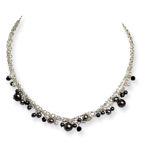 Sterling Silver 16in Crystal/Hematite/Freshwater Cult Peacock & White Pearl