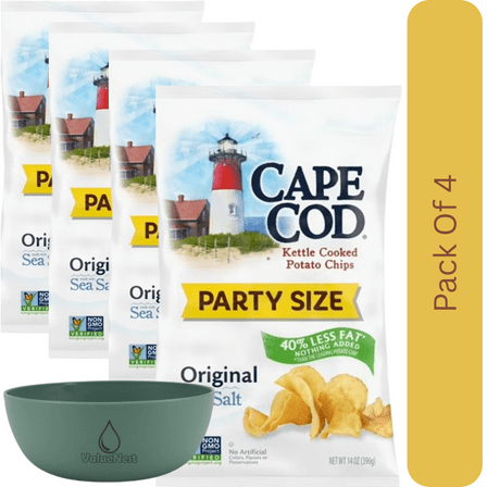 Cape Cod Less Fat Original Kettle Cooked Potato Chips, 14 oz Party Bag With Olive Green Bowl By ValueNest
