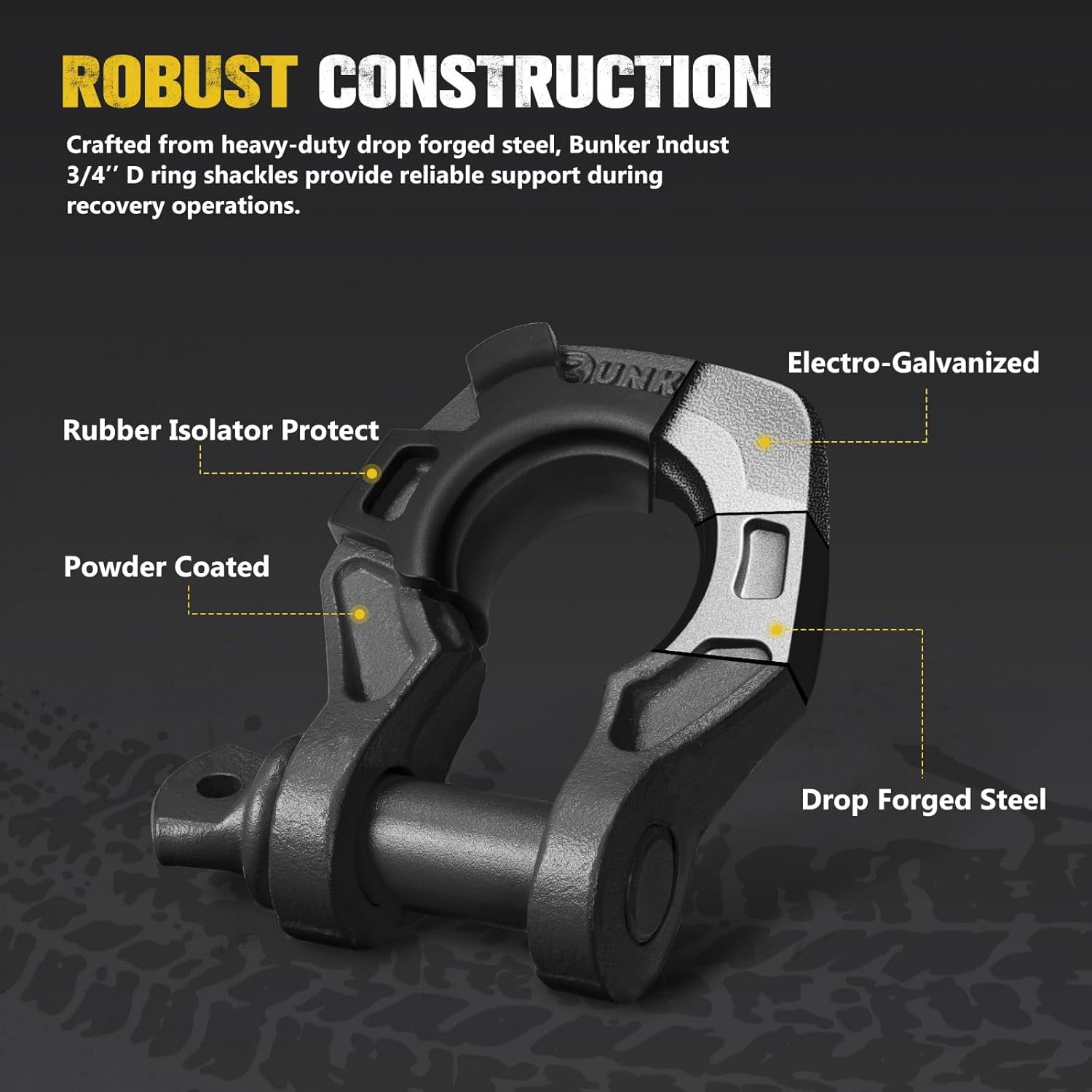BUNKER INDUST 3/4" D Ring Shackle with 7/8" Pin,Black Tow Shackles with Isolator for Use with Tow Strap, Winch, 2 Pack Off-Road Recovery Shackle for Jeep Truck ATV UTV, 42,000lbs Break Strength