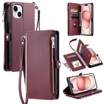 For iPhone 15 Crossbody/Shoulder Strap Case Wallet Card Holder RFID Blocking Magnetic Closure PU Leather Flip with Wrist Strap Zipper Credit Card Slots Shockproof Cover, Winered