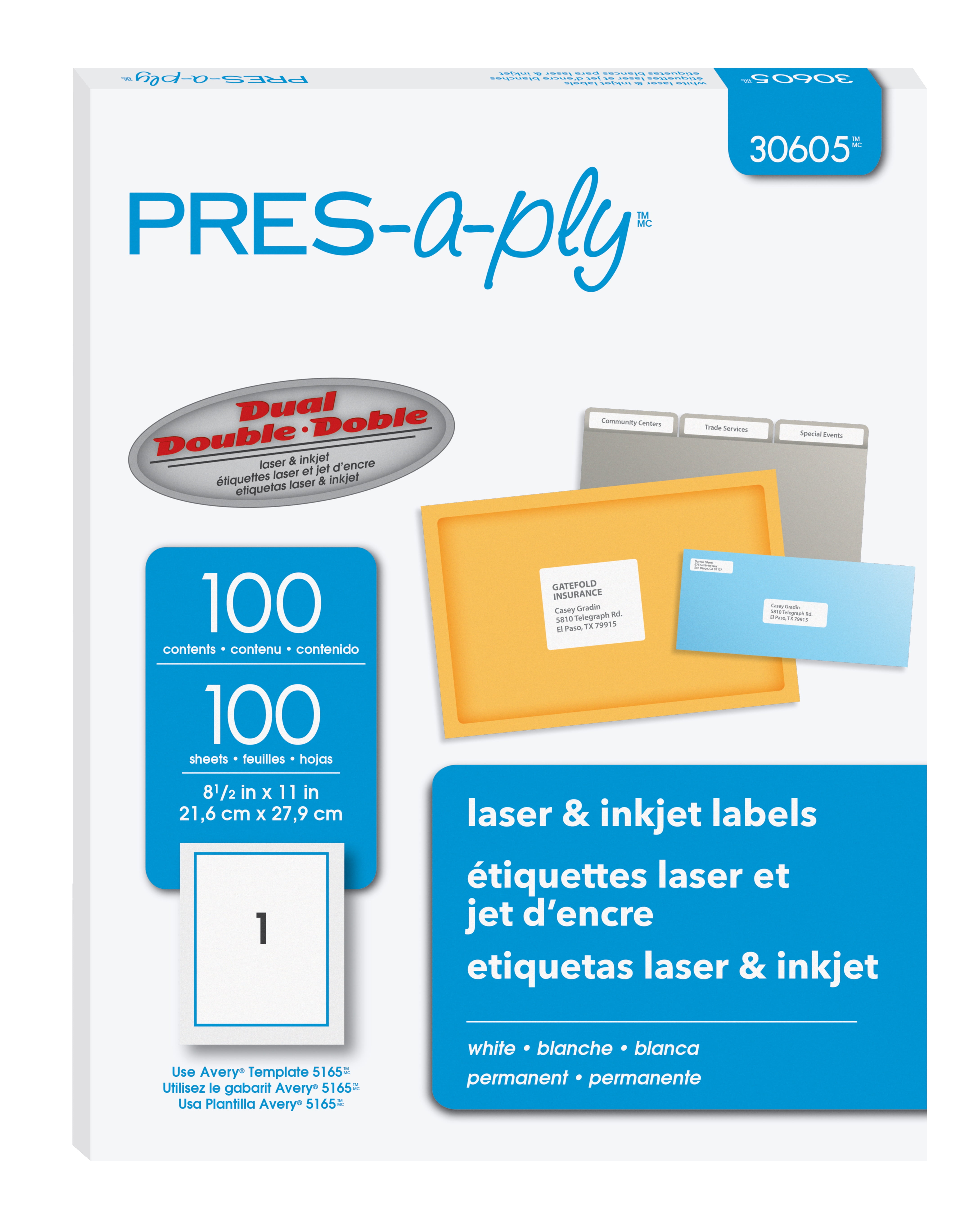 PRES-a-ply White Labels, 8-1/2' x 11', Permanent-Adhesive, 1-up, 100 labels