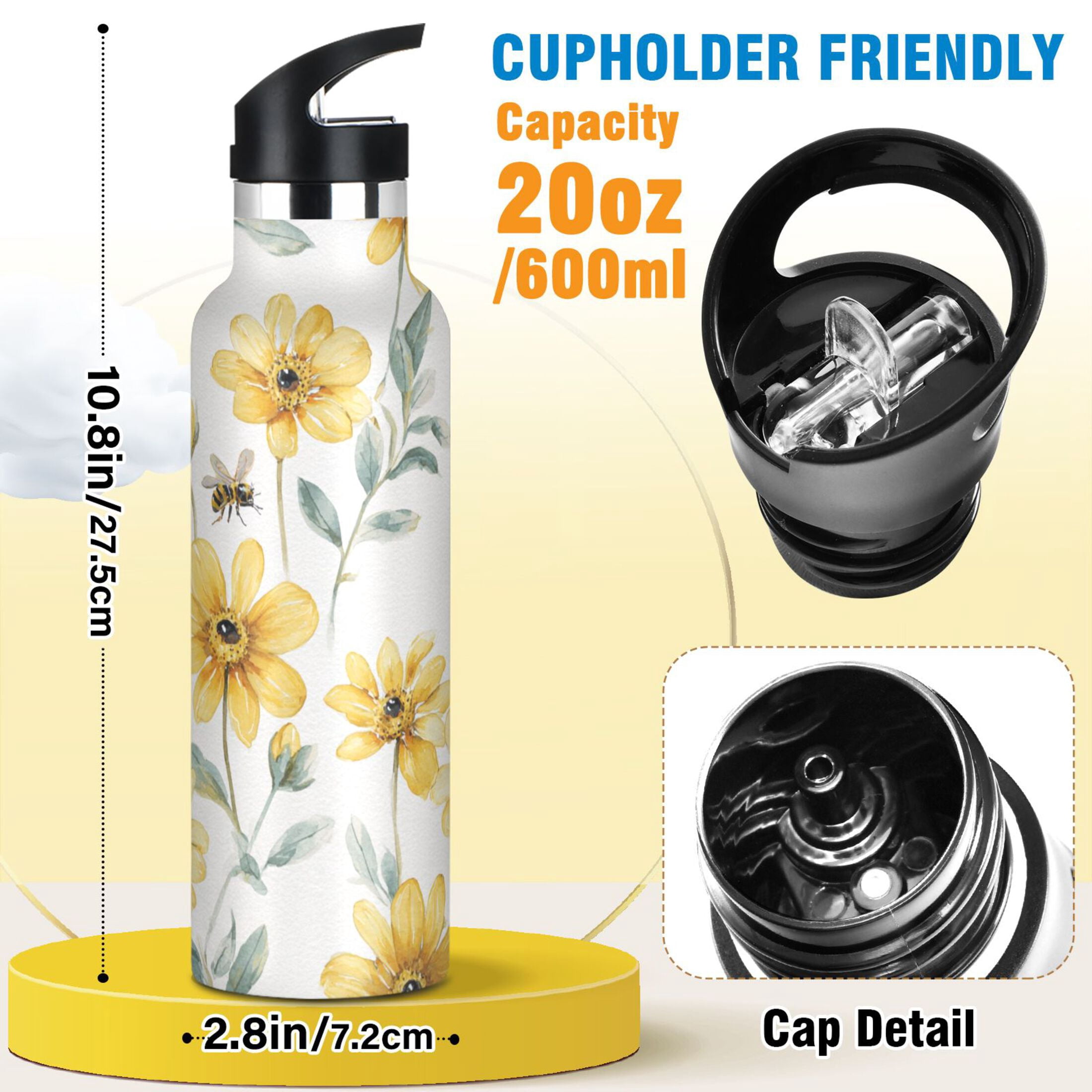 Kids Insulated Stainless Steel Sports Water Bottle 600ml (20oz) Yellow Daisies and Bees