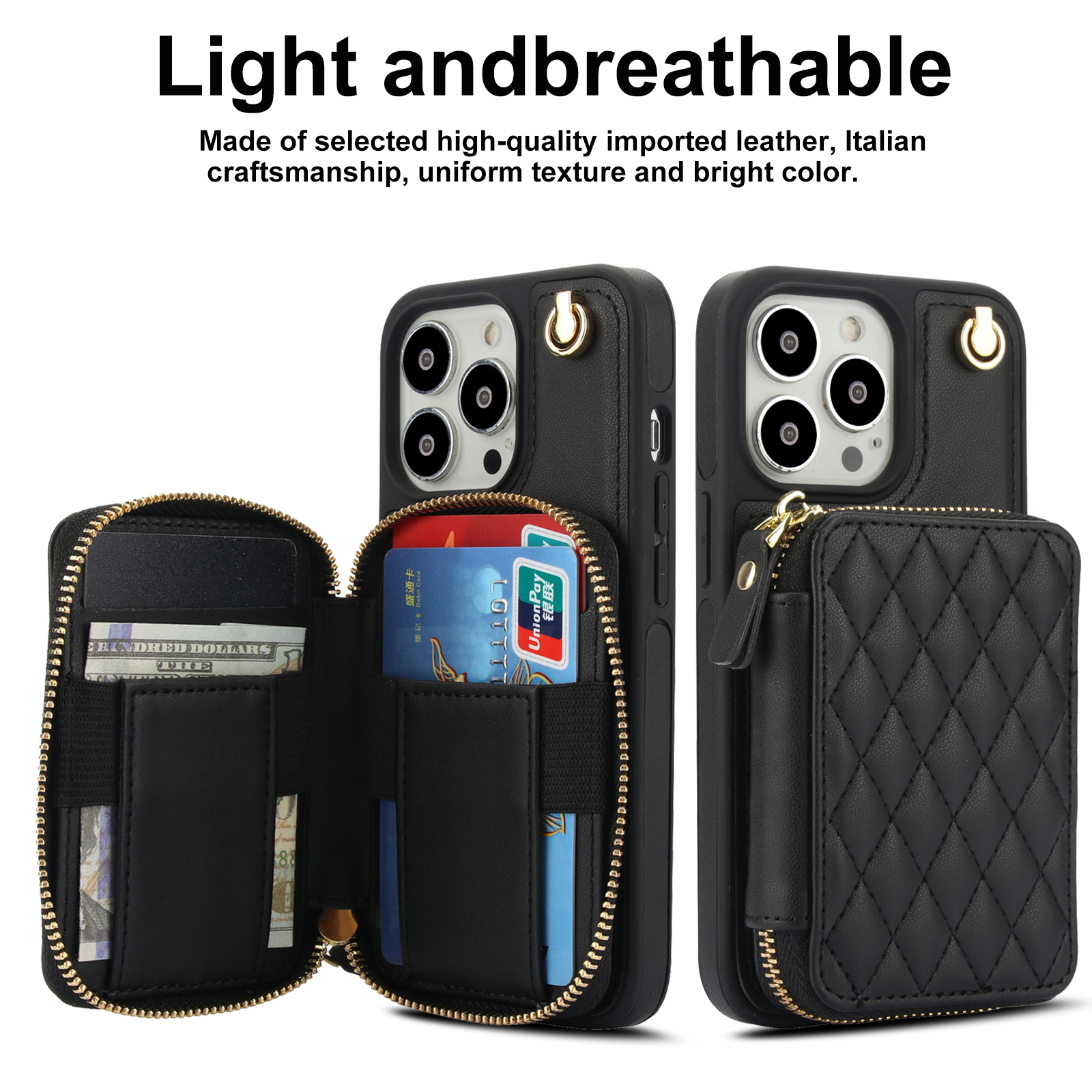 Compatible with iPhone 15 Pro 6.1 inch Wallet Phone Case Tempered Glass Screen Protector Wrist Crossbody Strap Stand Credit Card Holder RFID Slot Cell Cover for i Phone15 i15 15Pro Women Girls Black