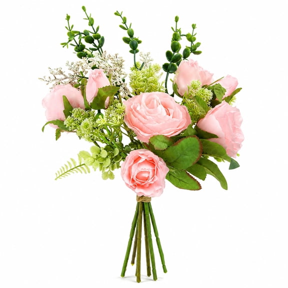 Pink Silk Rose Artificial Flowers with Ceramic Vase for Home Decor, Coffee Table Decor