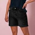 thumbnail image 4 of Women's Slim Fit Solid Color Denim Shorts Mid-Thigh Length, Stretch Fabric for Comfort, Distressed Hem Casual Streetwear,Black L, 4 of 5