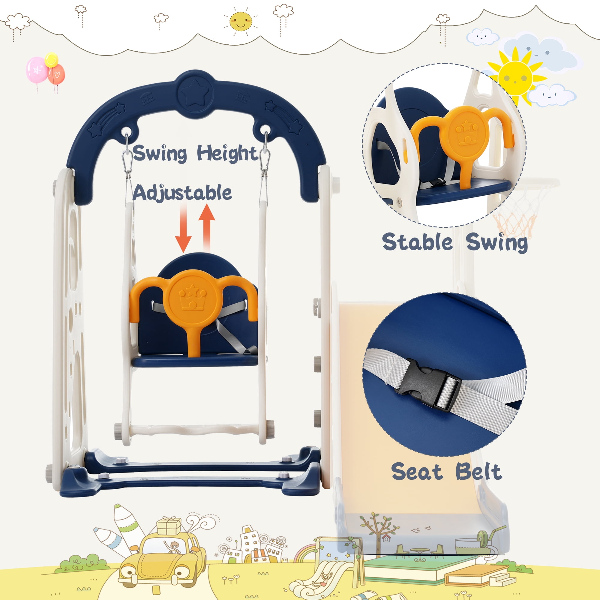 Toddler Slide and Swing Set 3 in 1,Kids Playground Climber Slide Playset with Basketball Hoop,Alphabet Themed Slide, Freestanding Combination for Babies