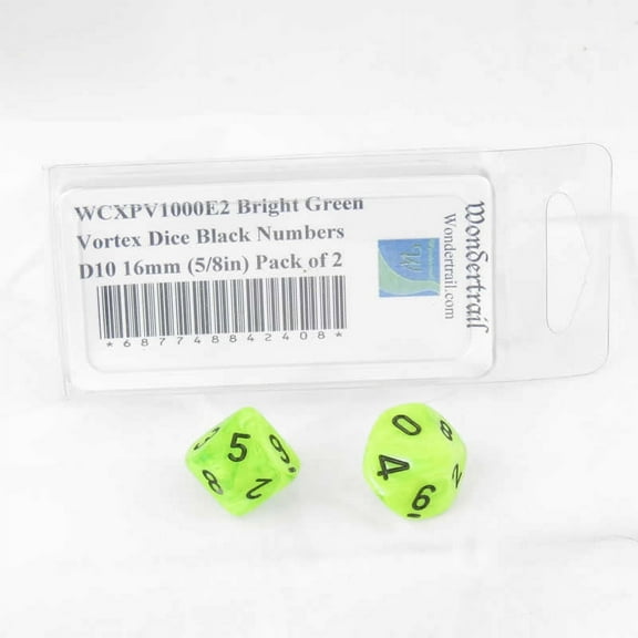 Bright Green Vortex Dice with Black Numbers D10 Aprox 16mm (5/8in) Pack of 2 Wondertrail