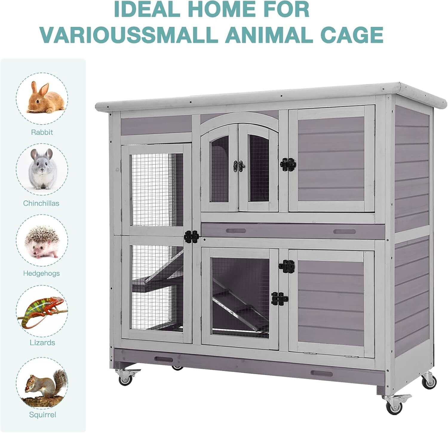 Aivituvin 2-Tier Indoor Rabbit Hutch Bunny House Guinea Pig Cage with Sliding Plastic Trays, Wheels & Ramp, 47.2" Multi-Door Wooden Small Animal Cage for Rabbits, Bunnies, and Guinea Pigs (Grey)
