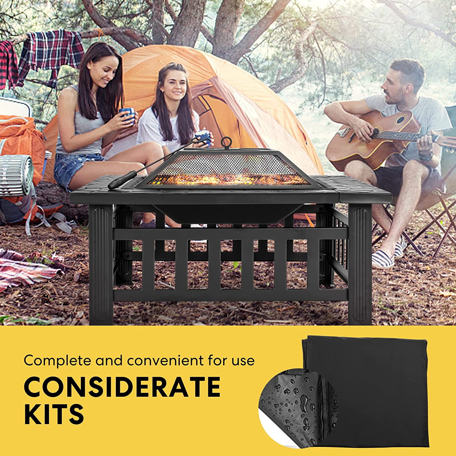 VIVOHOME 32 Inch Heavy Duty 3 in 1 Metal Square Patio Firepit Table BBQ Garden Stove with Spark Screen Cover Log Grate and Poker for Outside Wood Burning and Drink Cooling