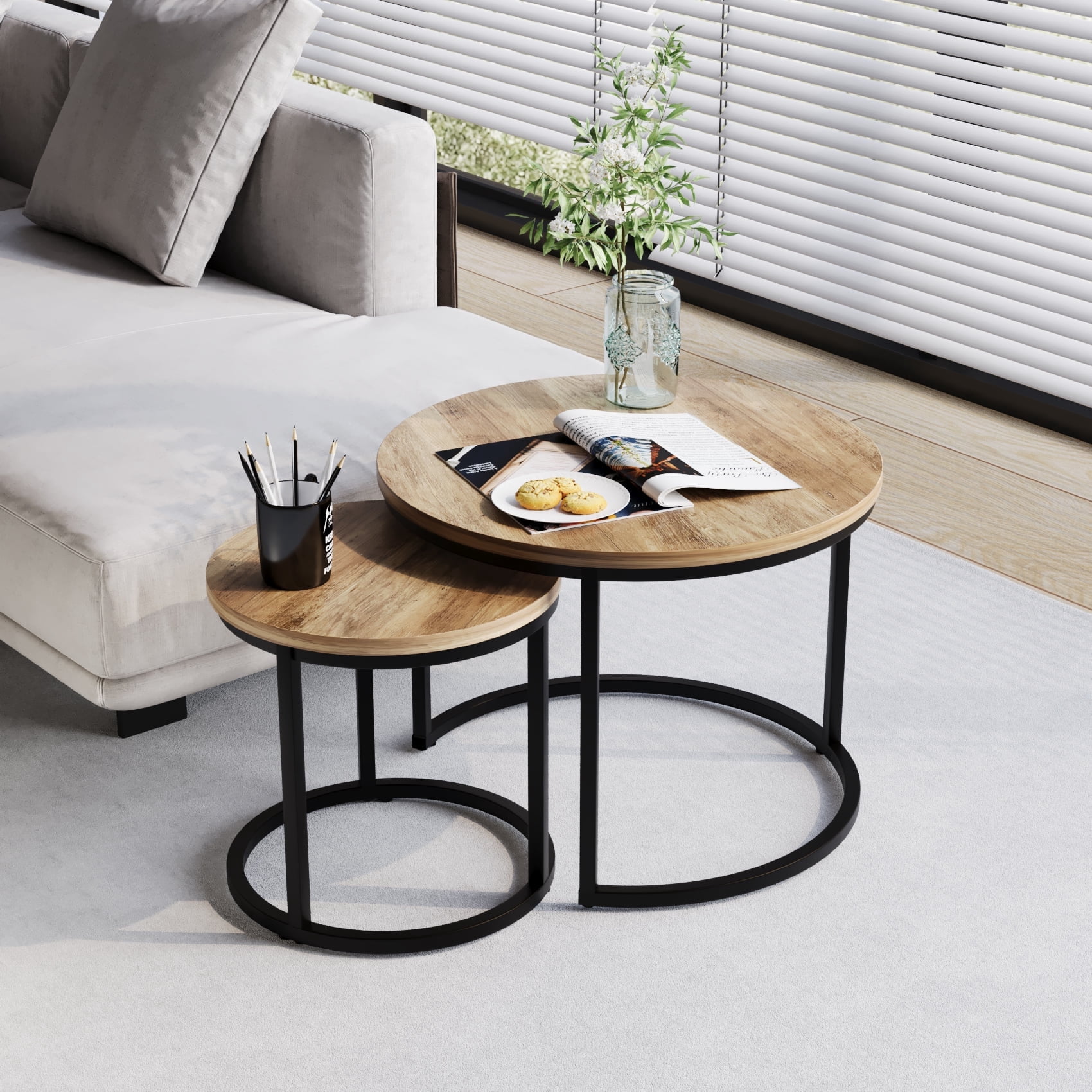 Semiocthome Modern Round Nesting Coffee Table Set,End Table Metal Frame for Living Room,23.6",Brown