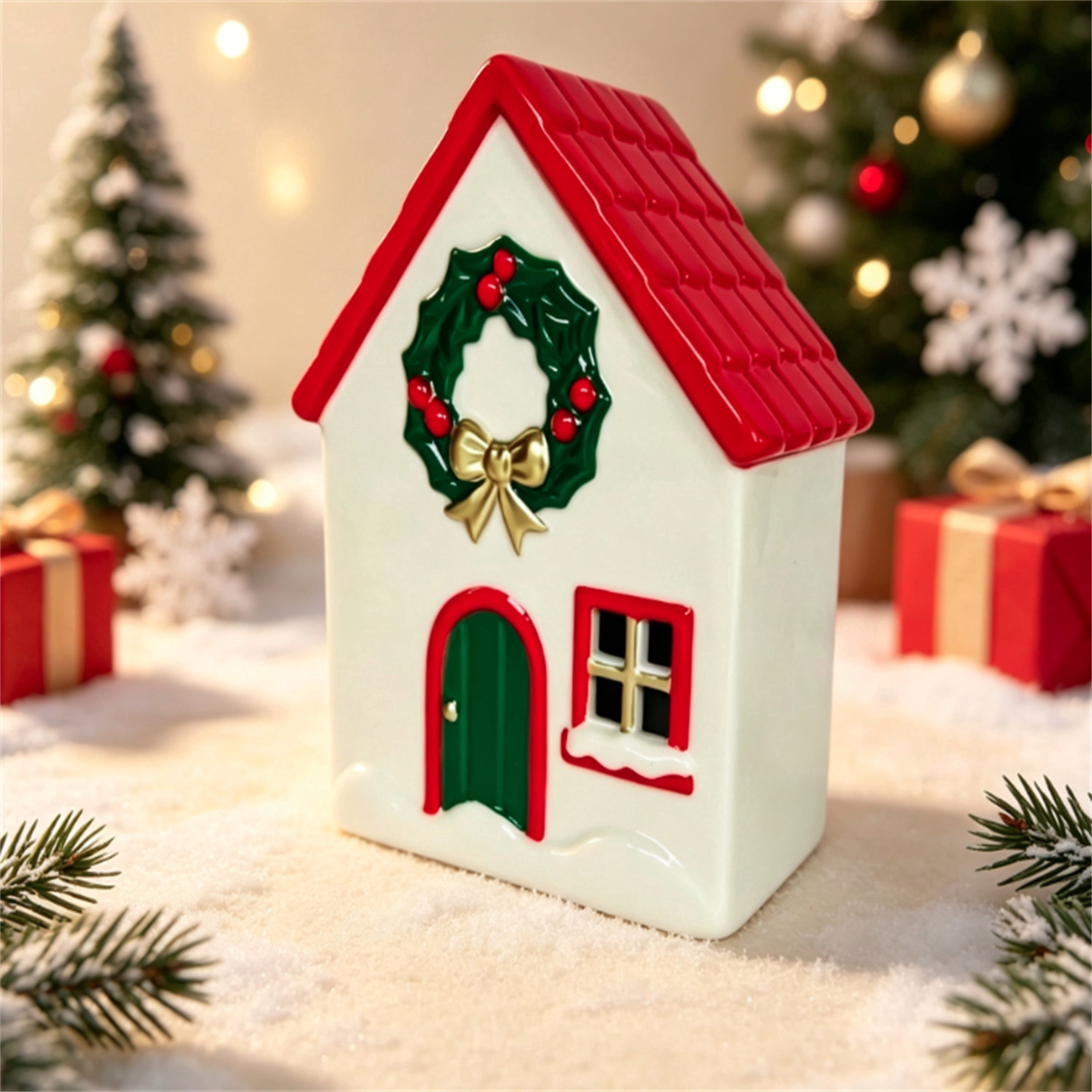 Ceramic House with Wreath Christmas Decoration, Red/White/Green, 8", by Holiday Time