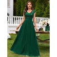 thumbnail image 3 of Dark Green V-Neck Sequin Lace Short Sleeve A-Line Evening Gown, 3 of 30