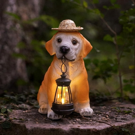 Garden Dog Statues - Adorable Resin Dog Figurines with Straw Hat and Solar LED Lantern, Puppy Decor Outdoor Solar Light