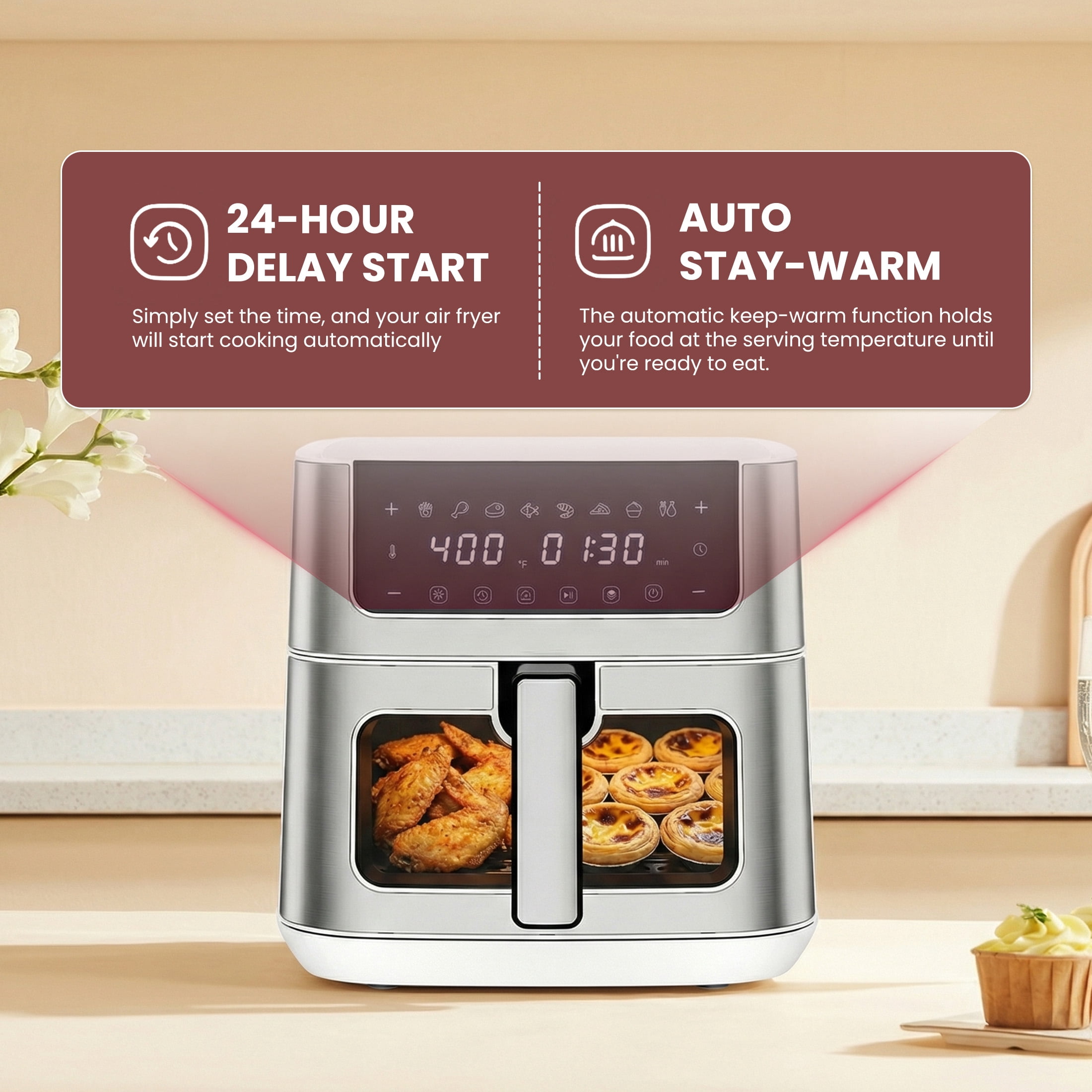 EDX 6QT Stainless Steel Air Fryer with Digital Touchscreen, 1500W, 8 Presets, Dishwasher Safe Basket, 90 Min Timer, 24H Delay Start, White