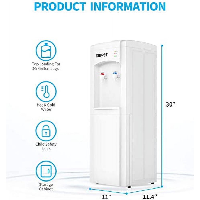KOTEK Top-Loading Hot & Cold Water Cooler Dispenser – Fits 3-5 Gallon Bottles, Child Safety Lock, Storage Cabinet, Low Noise, Freestanding White Design For Home Or Office
