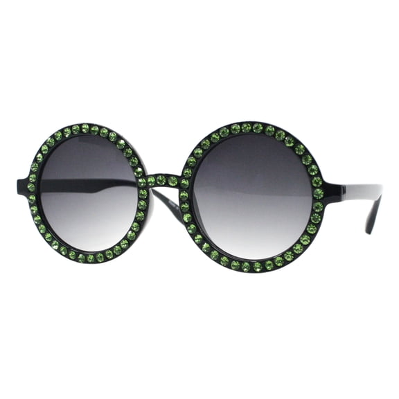 Green Rhinestone Sunglasses Womens Round Circle Black Frame UV 400