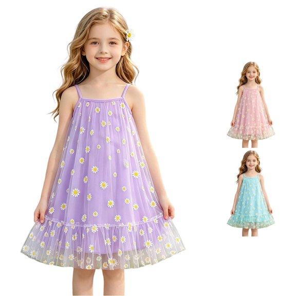 WAYUTE Toddler Girls Dresses Spaghetti Straps Floral Print Nightgown Tulle A Line Swing Sundress Kids Summer Princess Dress Casual Holiday,Light Purple,Size 7-8 Y