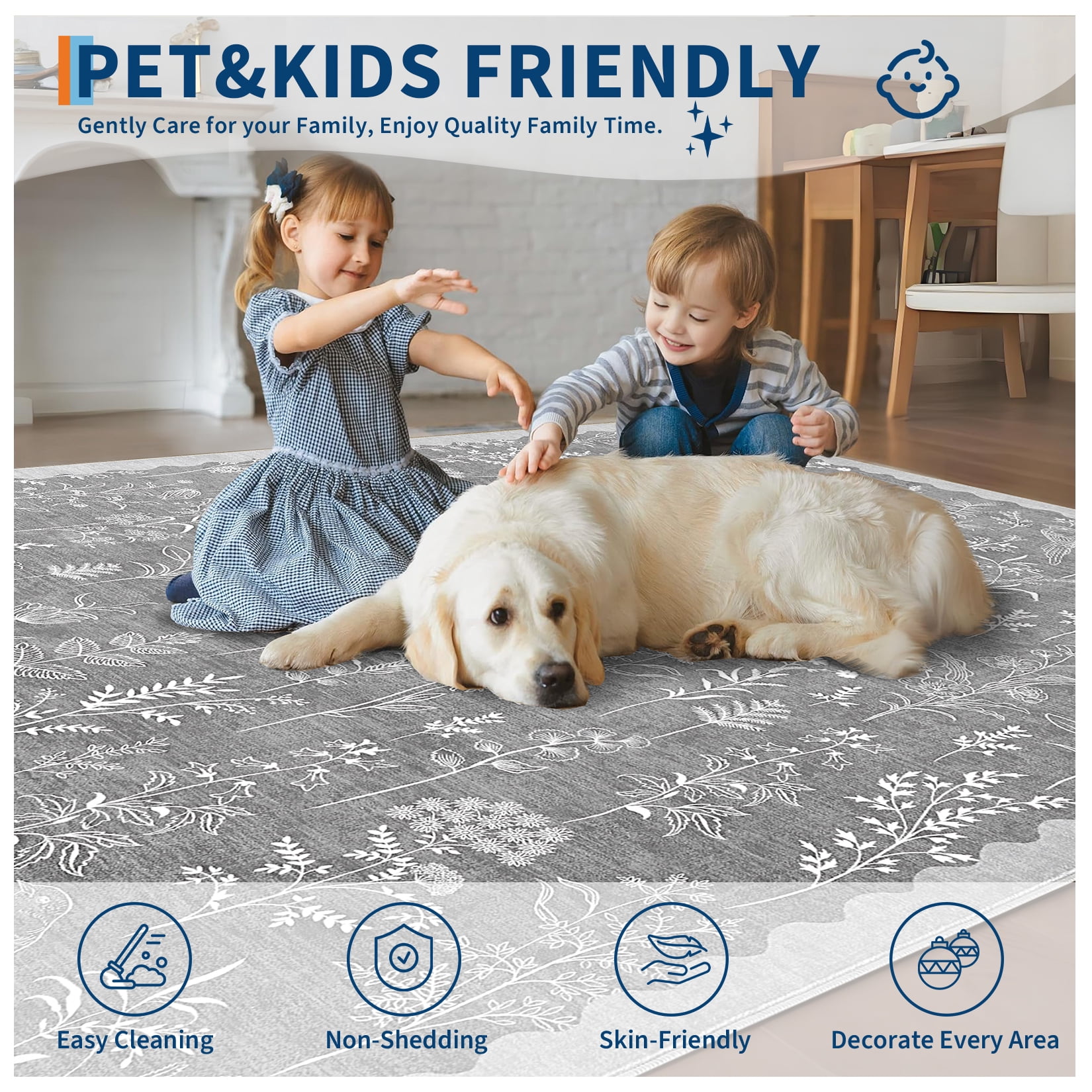 FairOnly Light Grey 8'x10'Low Pile Mordern Flower Printed Area Rug for Bedroom Kid's Room Non Slip Ultra Thin & Soft Rugs for Kitchen