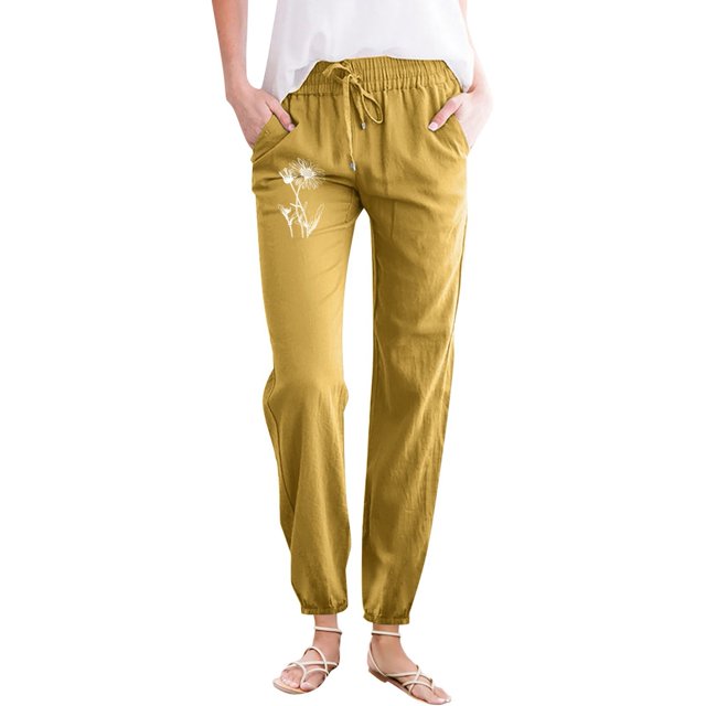 Ladies Casual Pants Solid Color Local Dandelion Print Pocket Drawstring Home Outdoor Trousers High Waisted Pants Yellow XXXL
