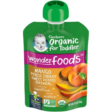 Gerber Organic Stage 3 Toddler Food Mango Peach Carrot Sweet Potato Oatmeal, 3.5 oz, Pouch (Pack of 12)