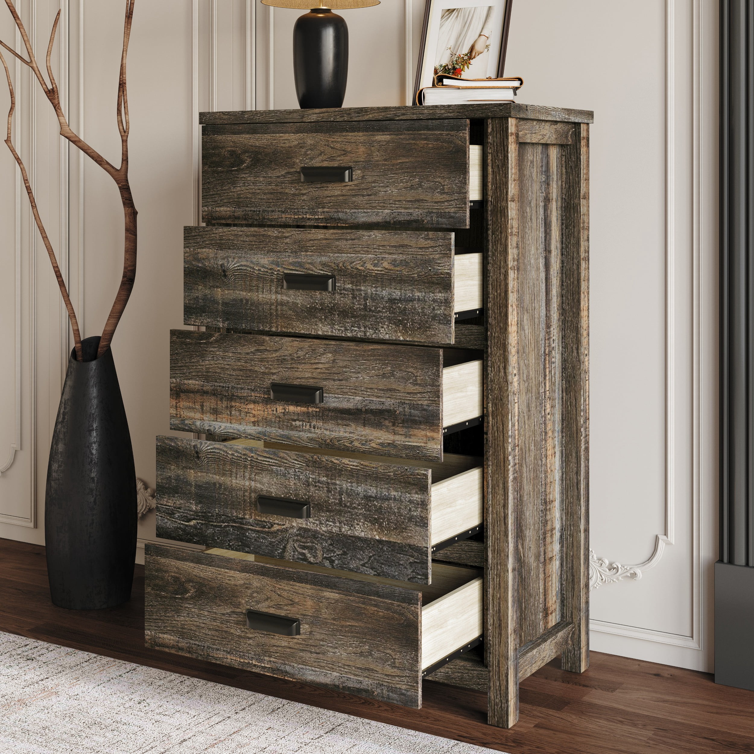 Home Design Racine 5-Drawer Chest, Brown Oak, Wood, Classic Bedroom Storage