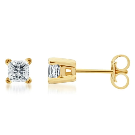 Solid 14k Yellow Gold Princess Cut Diamond Solitaire Studs Earrings