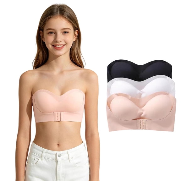 Shadoumai Girls Seamless Strapless Bra No Show Bandeau Wirefree Underwears Replaceable Straps for Kids 10-18 Years