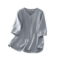 thumbnail image 3 of XPMWRP Women's Cotton Linen Button Down Short Sleeve Shirts Summer Loose V Neck Casual Oversized Solid Blouses Blue XL, 3 of 7