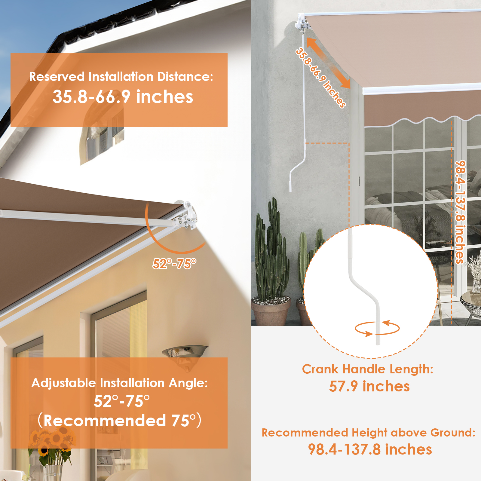 Pirecart 10' x 8' Patio Awning, Outdoor Awning Retractable Sunshade Shelter for Yard, Patio, Door, Balcony