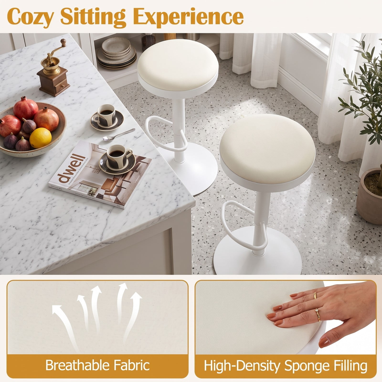 Furnibear Set of 2 Adjustable Kitchen Bar Stools, 360 Swivel Counter Stools with Soft Padded Fabric Seat, D-Shaped Footrest and Non-Slip Base, 330 lb, White