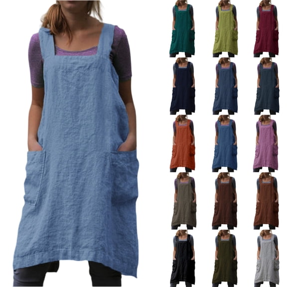 2026 Cotton Linen Apron Cross Back Apron for Women with Big Pockets Square Pinafore Dress for Baking Cooking Sky Blue L