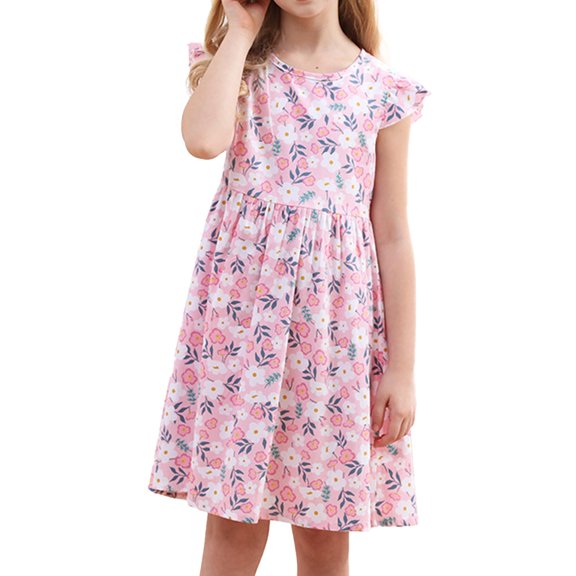 Zpanxa Kids Dress Summer Thin Style Floral Trendy Outer Wear Short-sleeve Princess Dress Pink 2 Years