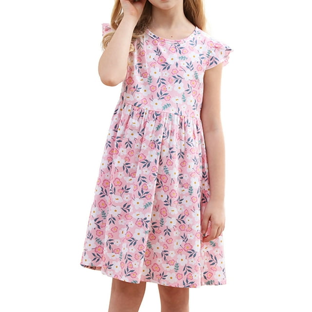 vdgthytj Robes d'Été pour Filles Tout-Petits Imprimé Floral Manches Volantes Robe de Plage Ligne A pour Enfants 2-10 Ans
