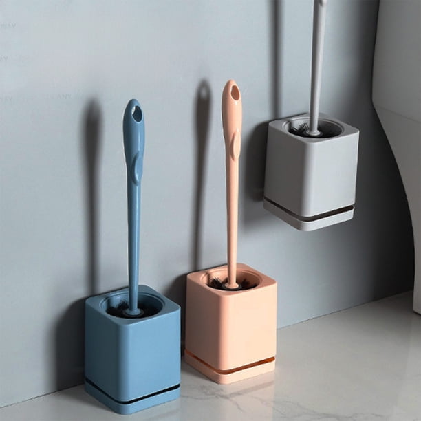 Fiudx Juego de Escobilla de Baño con Mango Largo, Base de Montaje En Pared Sin Perforaciones, Fácil de Limpiar, Cerdas Duraderas, Herramienta para El Baño, Ahorra Espacio, Moderno Gris/Azul/Rosa, Tam