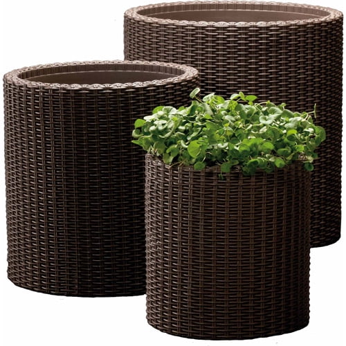 Keter Rattan Cylinder 3-Piece Planter Set, Brown Wicker by Keter