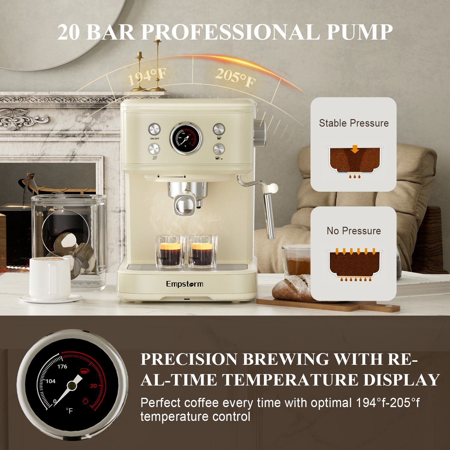 Empstorm 20 Bar Espresso Machine with Milk Frother Steam Wand, 3-in-1 Coffee Maker, Compatible with NS Pods, Stainless Steel, for Latte & Cappuccino, Beige