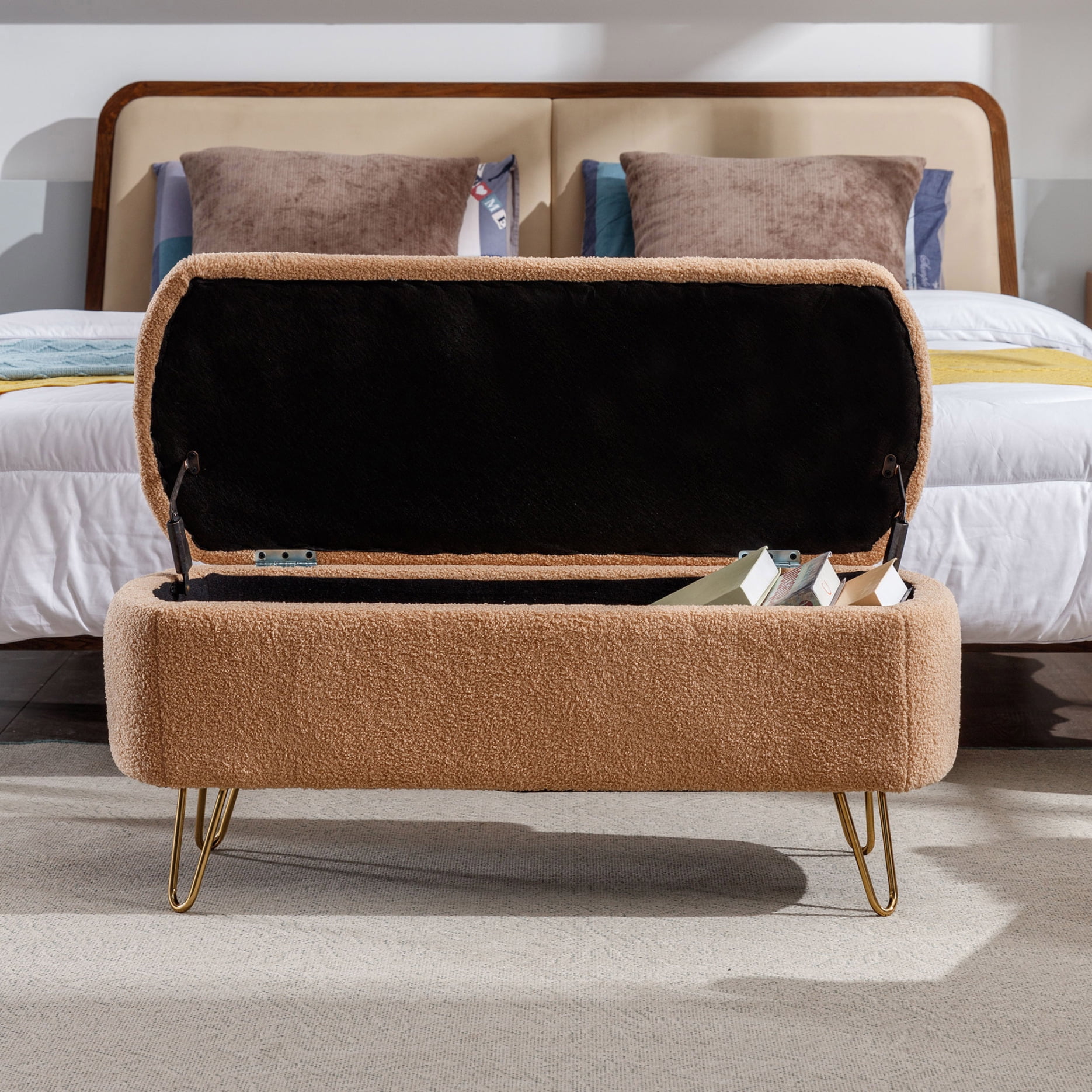 Oval Storage Bench 38.79" Modern Faux Fur Fabric Upholstered Entryway Bench with Gold Metal Legs Ottoman Bench Indoor Storage Bench for Living Room, Bedroom, End of Bed, Entryway, Bed Side, Camel