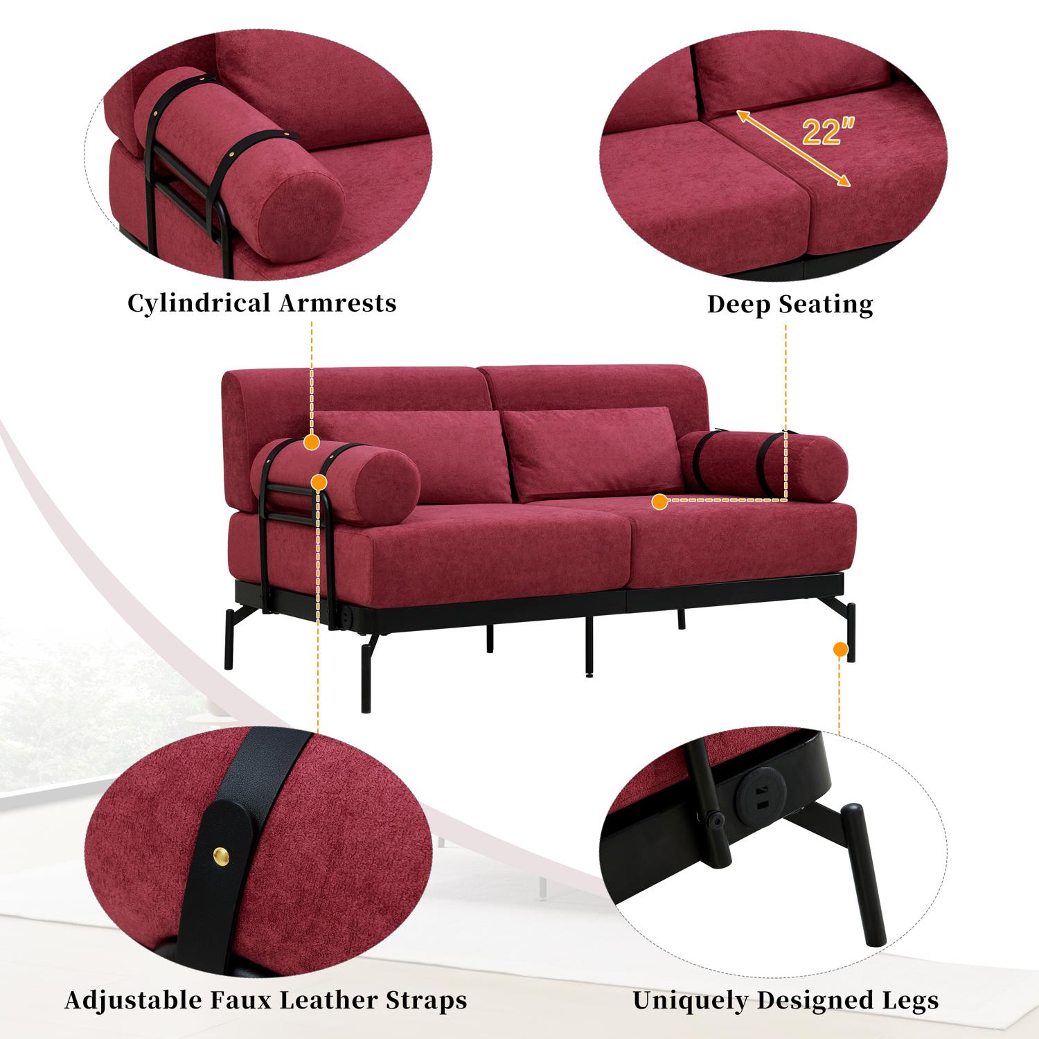 59" Loveseat Sofa with USB Ports,Modern Sofa Couch 2-Seater Sofa with 2 Pillows,Cylindrical Armrests for Living Room Bedroom Apartment,Red