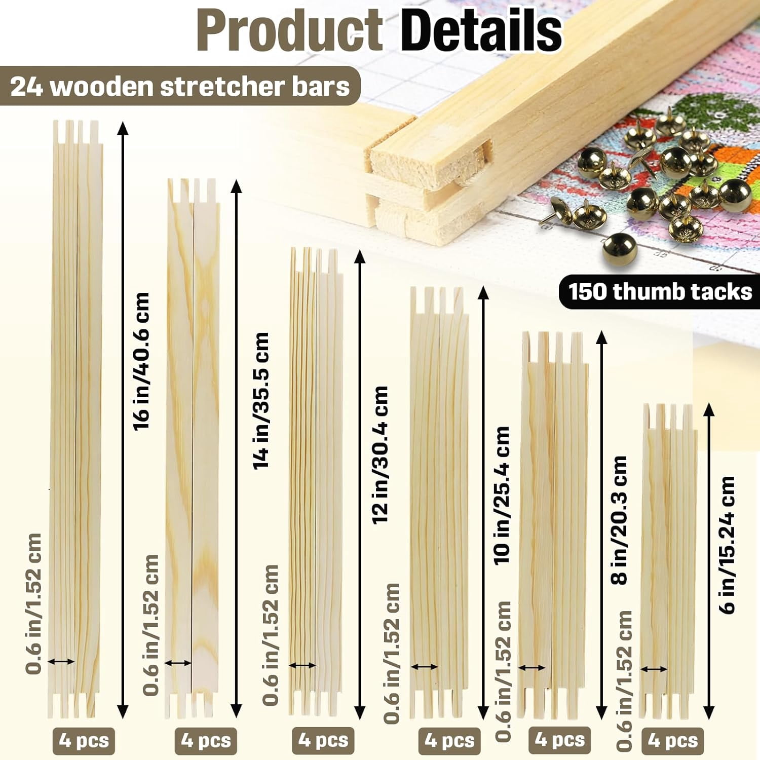 24pcs Needlepoint Stretcher Bars Kit – Canvas Frames for 6/8/10/12/14/16 Inch, Combine to Create 21 Frame Sizes, Includes 150 Thumb Tacks, Wood Frames for Painting, Embroidery, Needlework, Posters