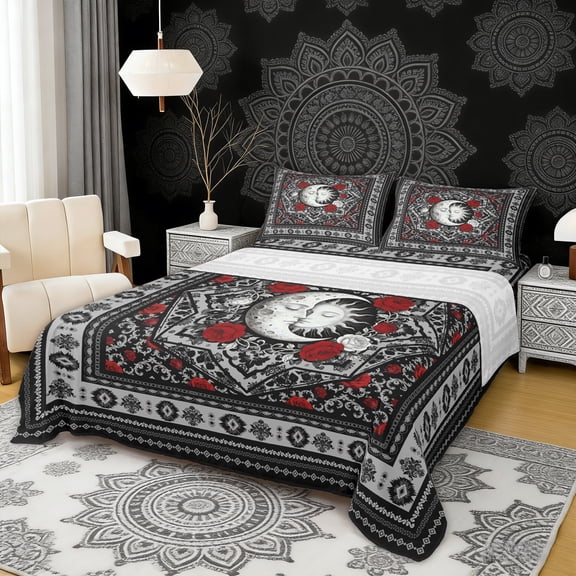 Erosebridal Boho Sun and Moon Full Size Sheets, Bohemian Aztec Mandala Bed Sheets, Black Gray Red, 4 Pieces 1 Flat Sheet, 1 Fitted Sheet and 2 Pillowcases