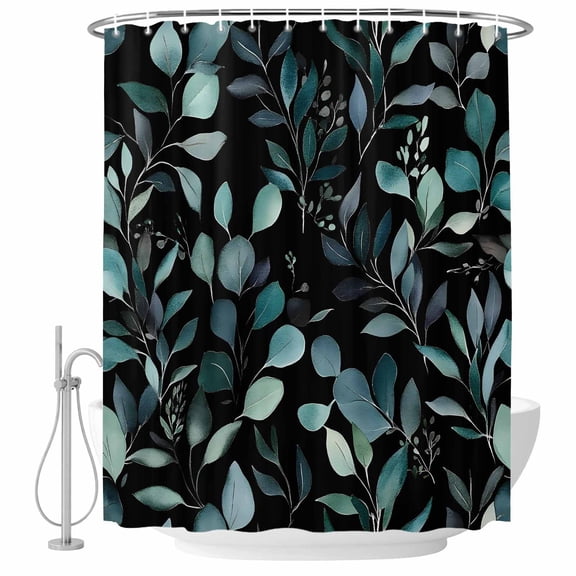 Teal Black Botanical Shower Curtain Set - 48" x 72" Washable Bathtub Curtain with 12 Hooks, Spring Eucalyptus Leaves Greenery Waterproof Fabric Stall Shower Curtains for Bathroom/Bathtub Décor