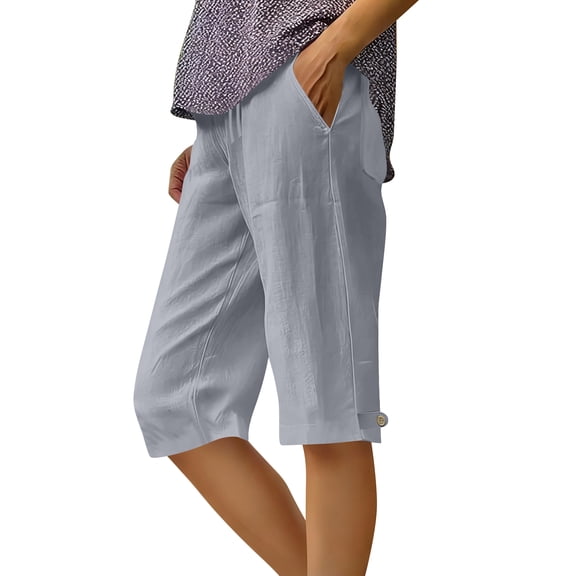 HKYNLAG Linen Bermuda Shorts for Women Knee Length Lightweight Capri Pants Summer High Waisted Cotton Shorts with Pockets Gray M