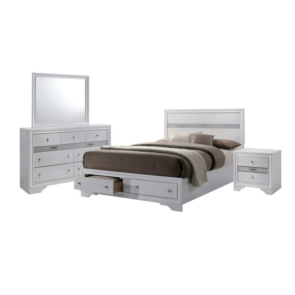 Crissi 4 Pc King Bedroom Set, Panel Design, Silver Accents, White