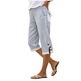 thumbnail image 5 of BUIGTTKLOP Women Cotton Linen Capri Pants Side Split Button Knee Length Long Shorts Ladies Striped Capris, 5 of 6