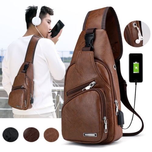 Men PU Leather Sling Chest Bag with USB Charge Cable Travel Sports Shoulder Pack 